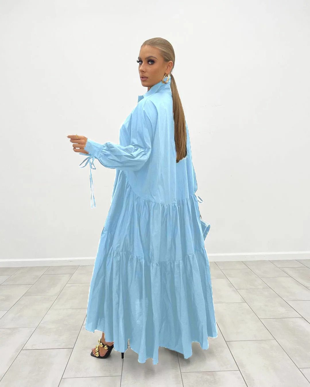 CM.YAYA Women Long Dress Solid Full Sleeve Turn-down Collar Loose A-line Maxi Dresses Without Belt Fashion Outfit Autumn 2021