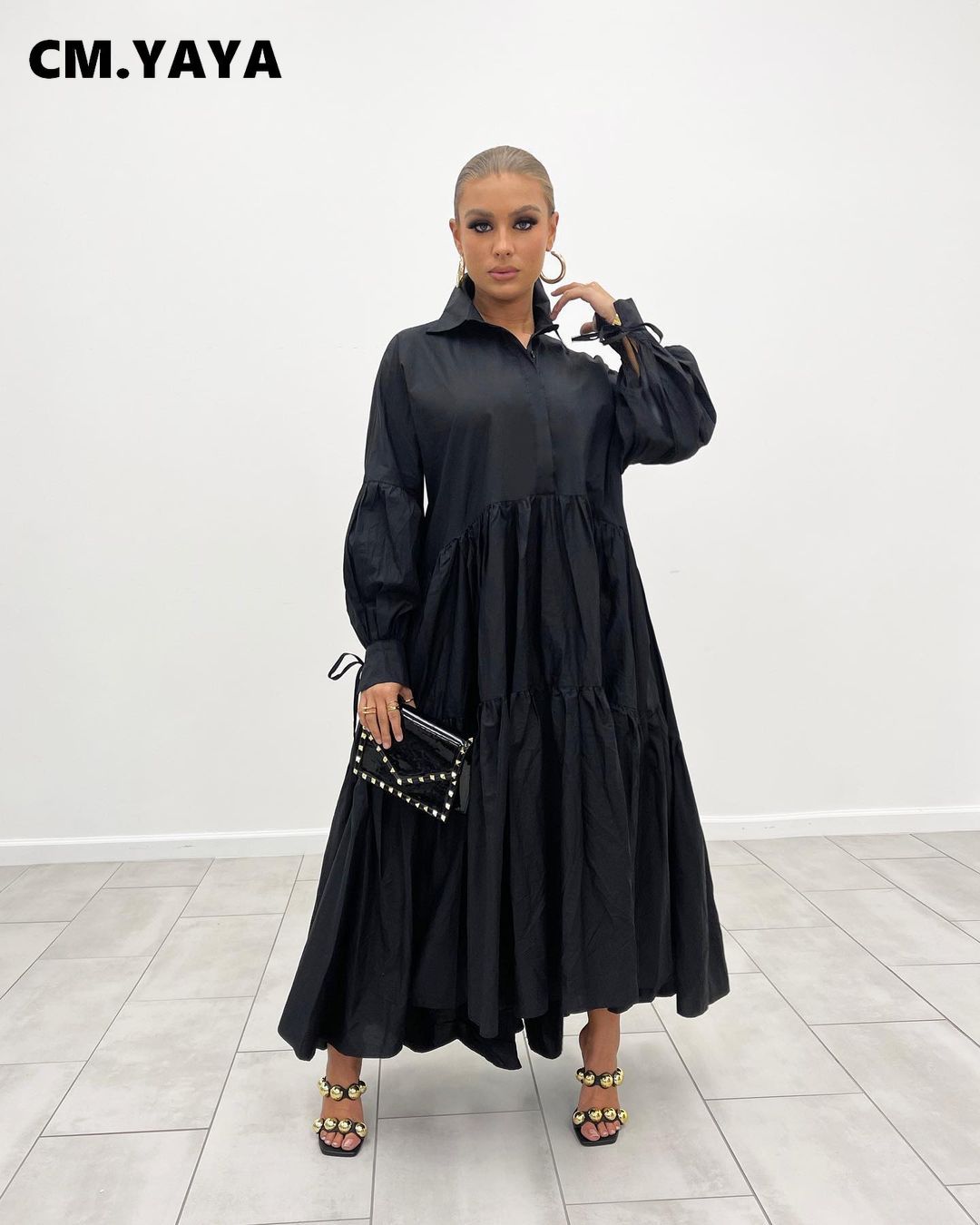 CM.YAYA Women Long Dress Solid Full Sleeve Turn-down Collar Loose A-line Maxi Dresses Without Belt Fashion Outfit Autumn 2021 CM.YAYA Women Long Dress Solid Full Sleeve Turn-down Collar Loose A-line Maxi Dresses Without Belt Fashion Outfit Autumn 2021