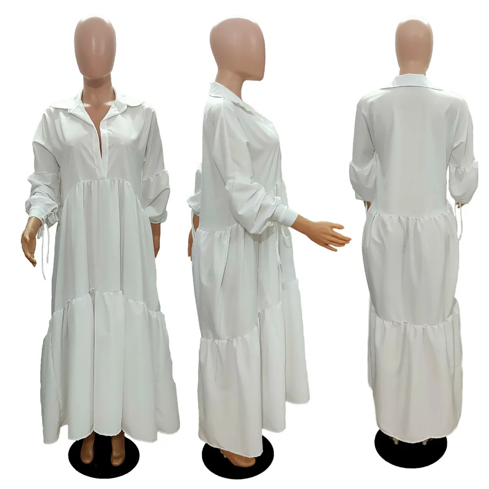 CM.YAYA Women Long Dress Solid Full Sleeve Turn-down Collar Loose A-line Maxi Dresses Without Belt Fashion Outfit Autumn 2021 CM.YAYA Women Long Dress Solid Full Sleeve Turn-down Collar Loose A-line Maxi Dresses Without Belt Fashion Outfit Autumn 2021