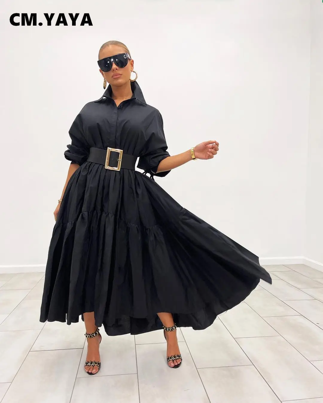 CM.YAYA Women Long Dress Solid Full Sleeve Turn-down Collar Loose A-line Maxi Dresses Without Belt Fashion Outfit Autumn 2021 CM.YAYA Women Long Dress Solid Full Sleeve Turn-down Collar Loose A-line Maxi Dresses Without Belt Fashion Outfit Autumn 2021