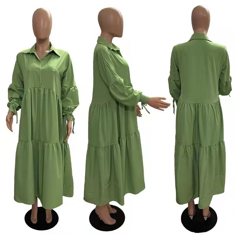 CM.YAYA Women Long Dress Solid Full Sleeve Turn-down Collar Loose A-line Maxi Dresses Without Belt Fashion Outfit Autumn 2021