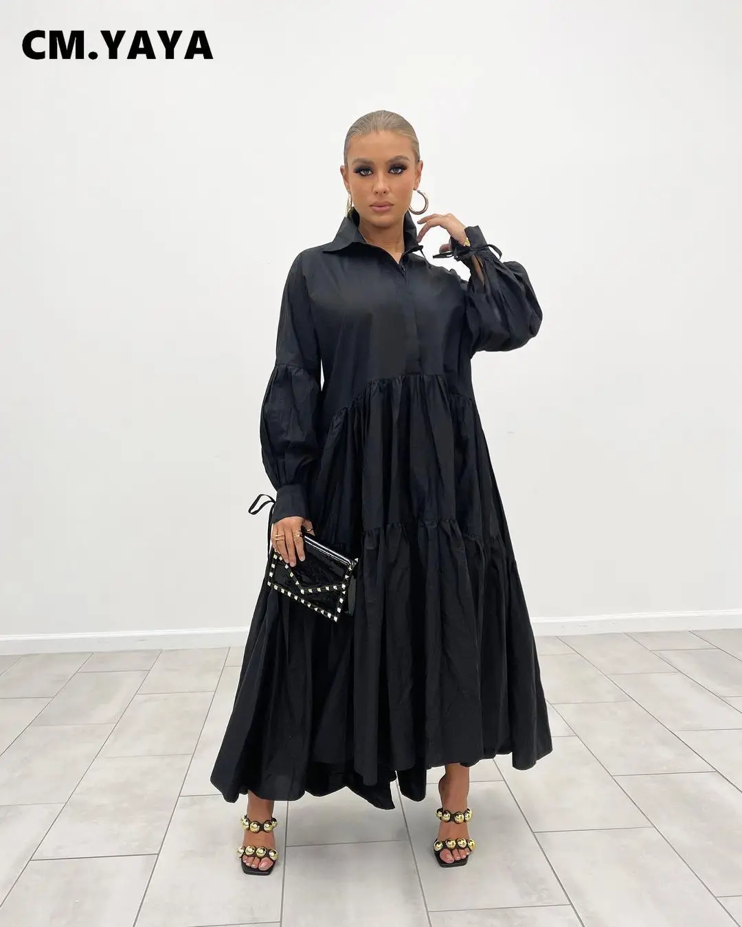CM.YAYA Women Long Dress Solid Full Sleeve Turn-down Collar Loose A-line Maxi Dresses Without Belt Fashion Outfit Autumn 2021 CM.YAYA Women Long Dress Solid Full Sleeve Turn-down Collar Loose A-line Maxi Dresses Without Belt Fashion Outfit Autumn 2021