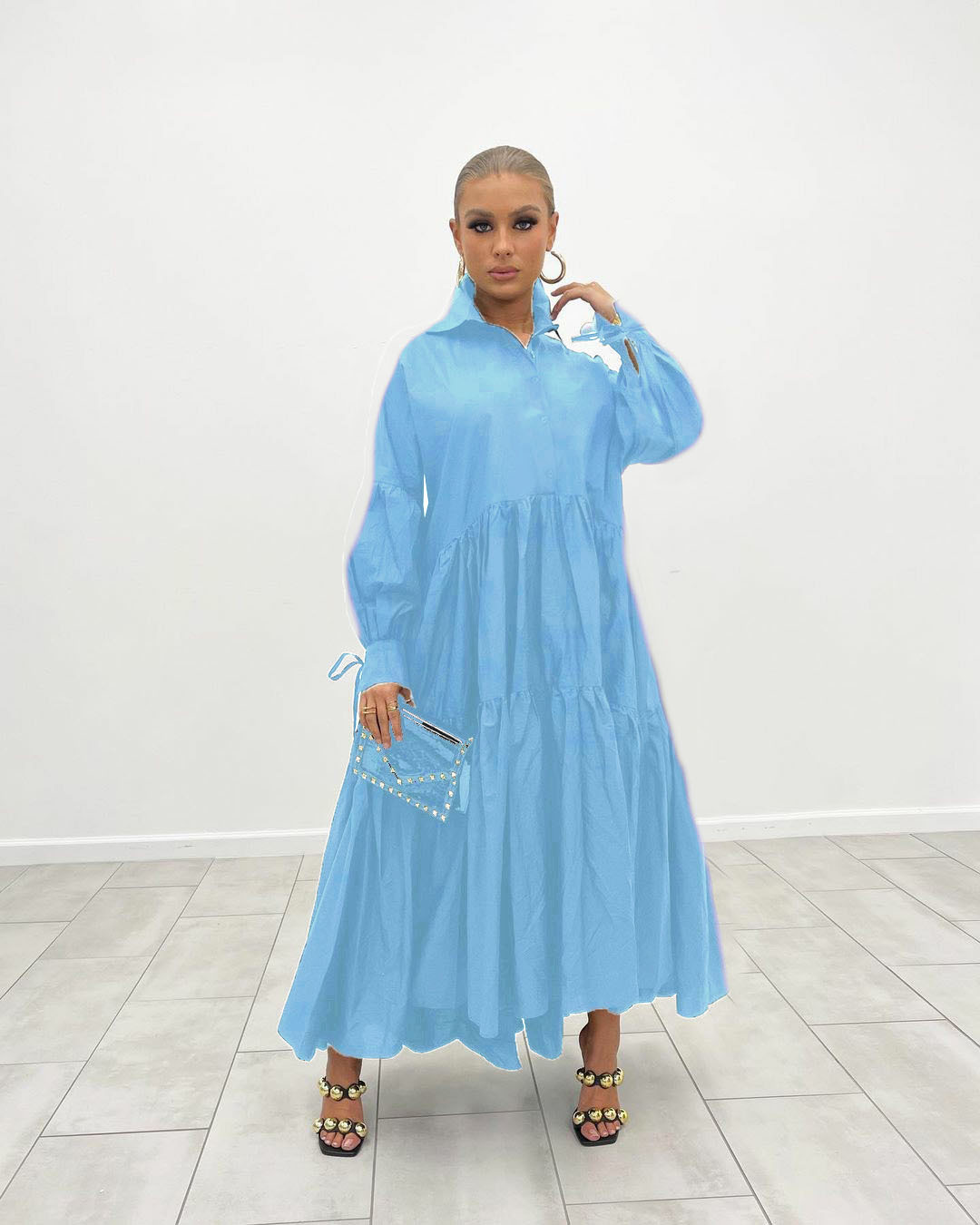 CM.YAYA Women Long Dress Solid Full Sleeve Turn-down Collar Loose A-line Maxi Dresses Without Belt Fashion Outfit Autumn 2021