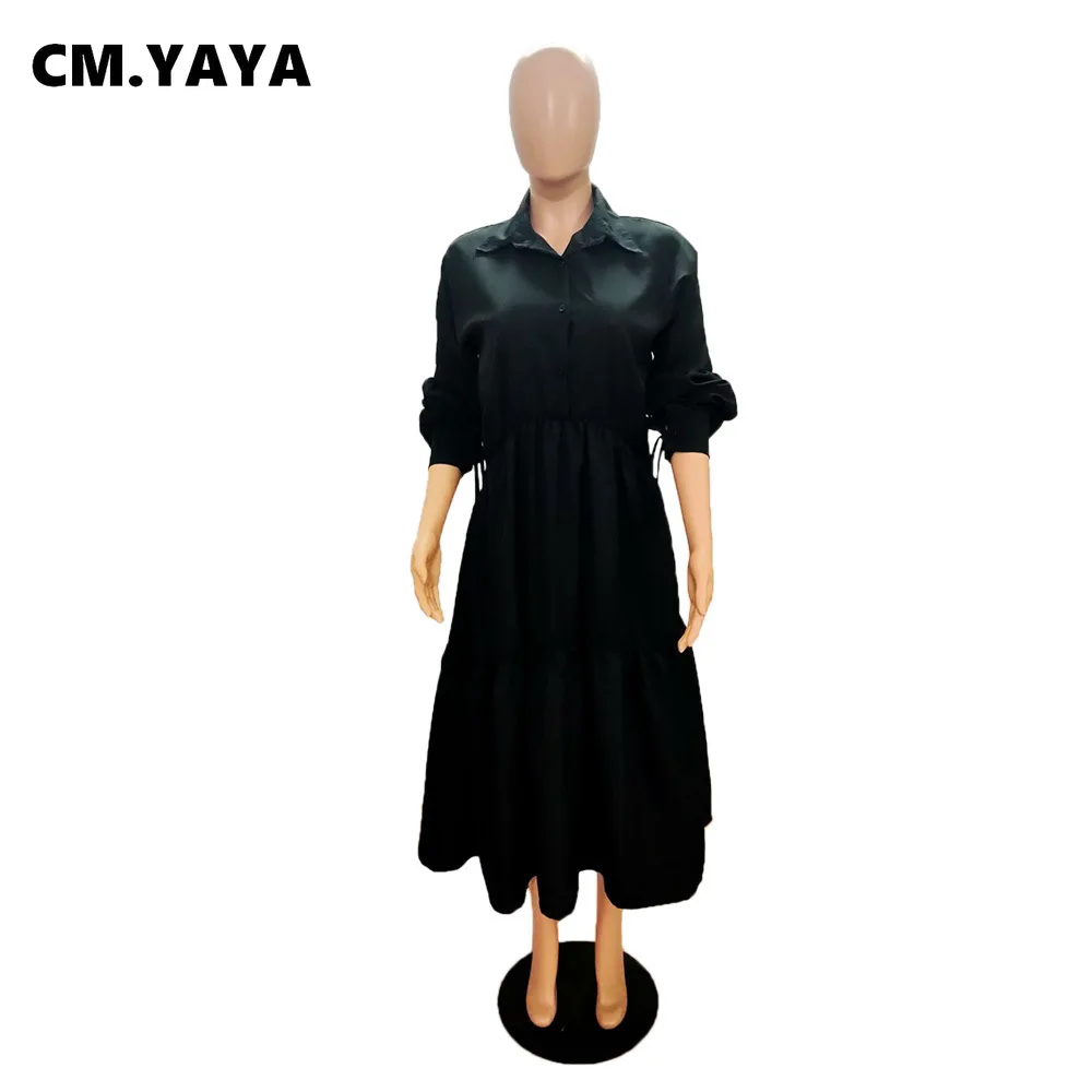 CM.YAYA Women Long Dress Solid Full Sleeve Turn-down Collar Loose A-line Maxi Dresses Without Belt Fashion Outfit Autumn 2021 CM.YAYA Women Long Dress Solid Full Sleeve Turn-down Collar Loose A-line Maxi Dresses Without Belt Fashion Outfit Autumn 2021