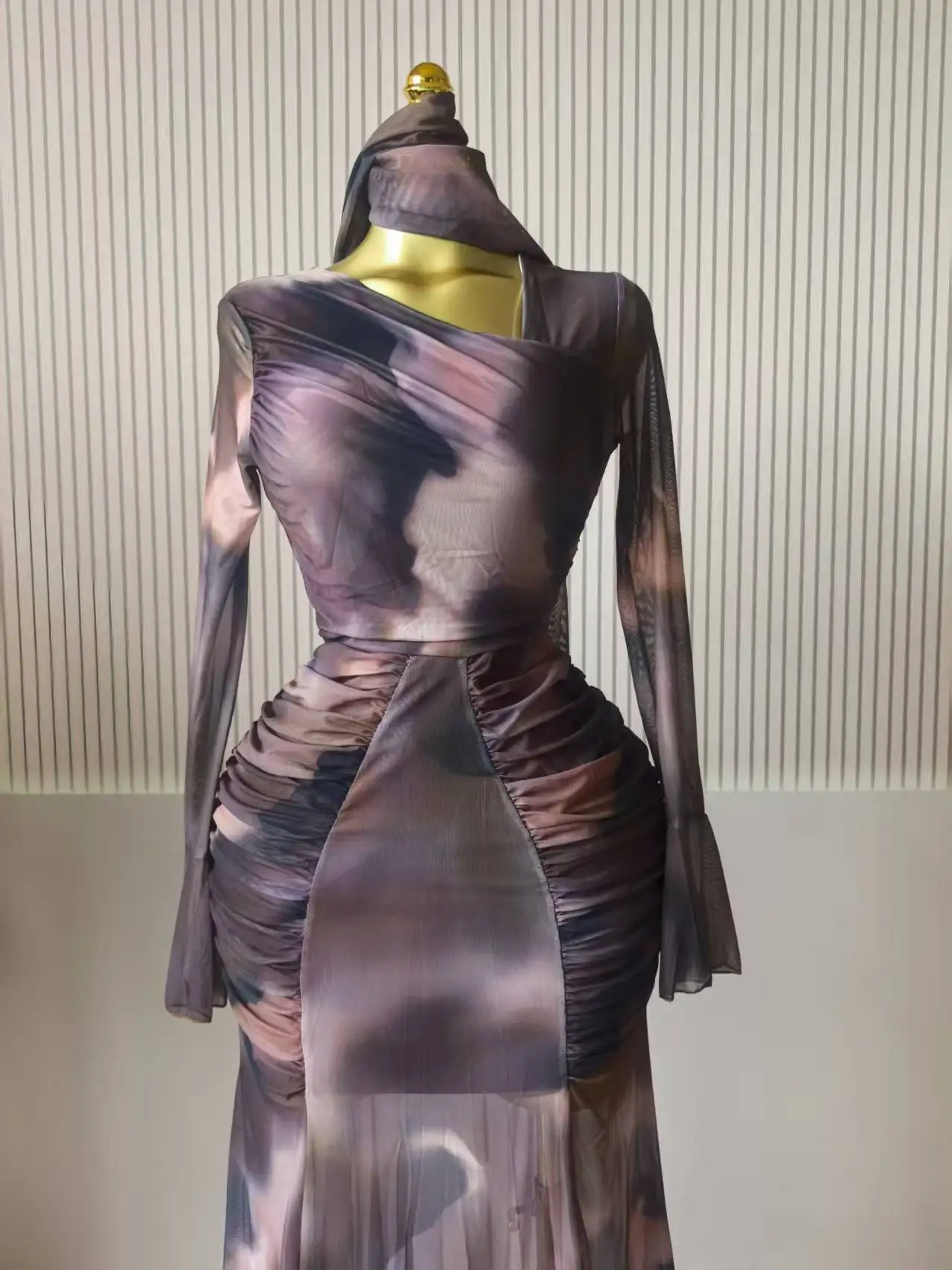 CM.YAYA Women Tie Dye Printed Skew Neck Flare Long Sleeve Ruched Stacked Maxi Long Dress 2025 Summer Birthday Sexy Party Dresses