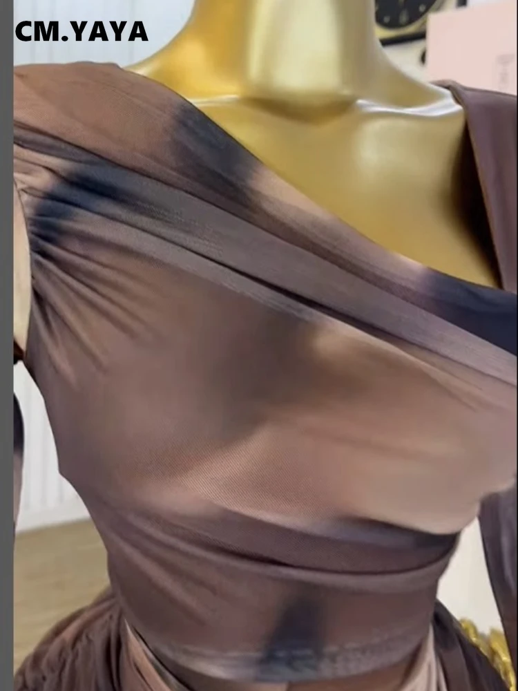 CM.YAYA Women Tie Dye Printed Skew Neck Flare Long Sleeve Ruched Stacked Maxi Long Dress 2025 Summer Birthday Sexy Party Dresses