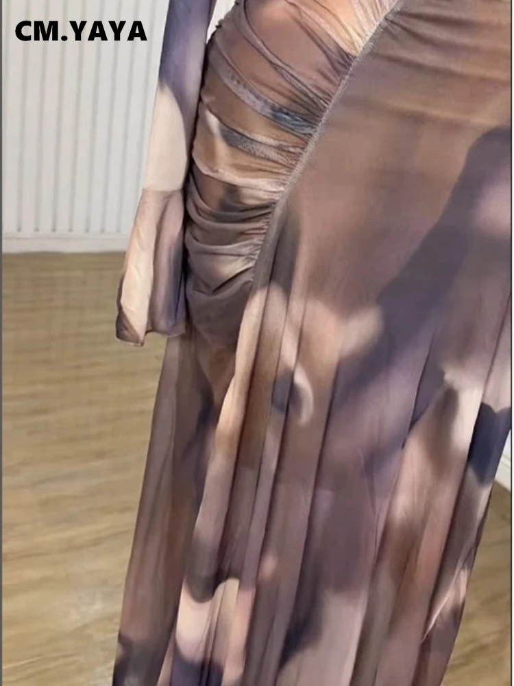 CM.YAYA Women Tie Dye Printed Skew Neck Flare Long Sleeve Ruched Stacked Maxi Long Dress 2025 Summer Birthday Sexy Party Dresses