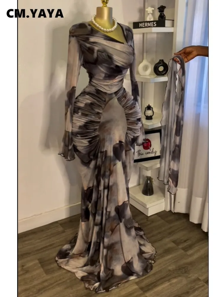 CM.YAYA Women Tie Dye Printed Skew Neck Flare Long Sleeve Ruched Stacked Maxi Long Dress 2025 Summer Birthday Sexy Party Dresses