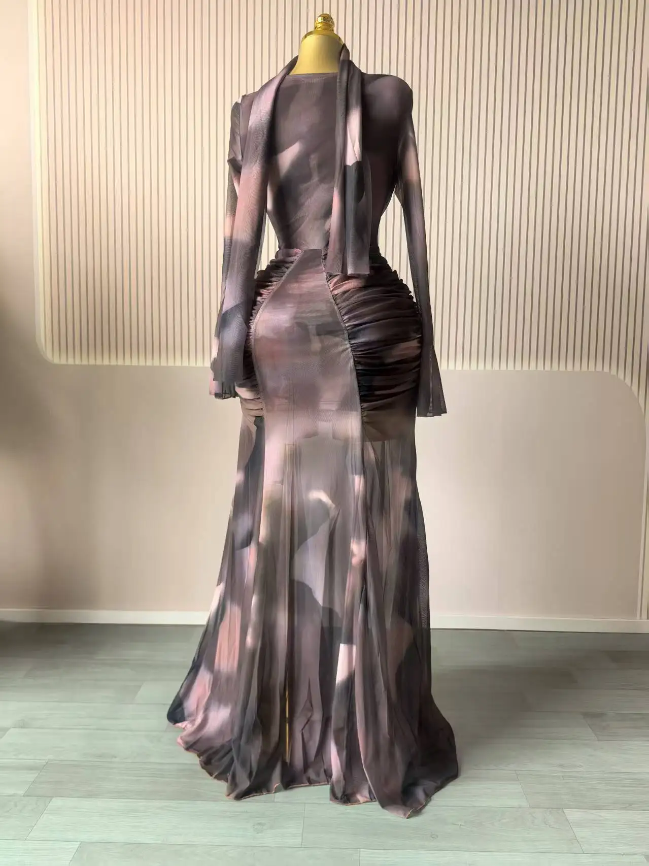 CM.YAYA Women Tie Dye Printed Skew Neck Flare Long Sleeve Ruched Stacked Maxi Long Dress 2025 Summer Birthday Sexy Party Dresses