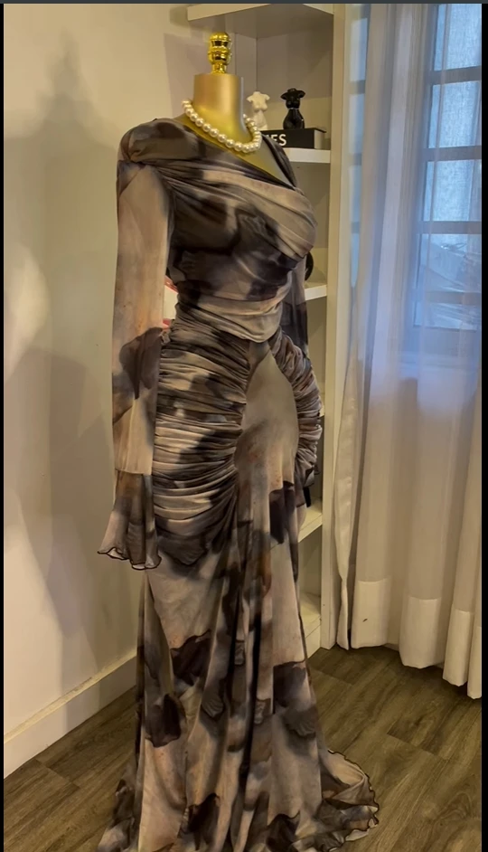 CM.YAYA Women Tie Dye Printed Skew Neck Flare Long Sleeve Ruched Stacked Maxi Long Dress 2025 Summer Birthday Sexy Party Dresses