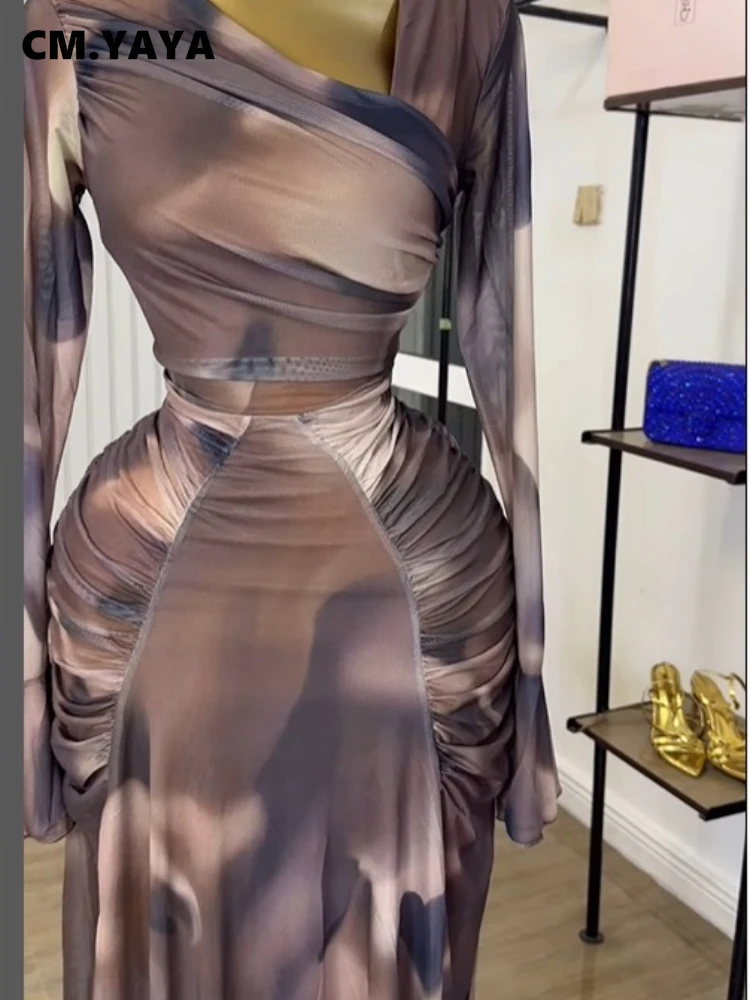 CM.YAYA Women Tie Dye Printed Skew Neck Flare Long Sleeve Ruched Stacked Maxi Long Dress 2025 Summer Birthday Sexy Party Dresses