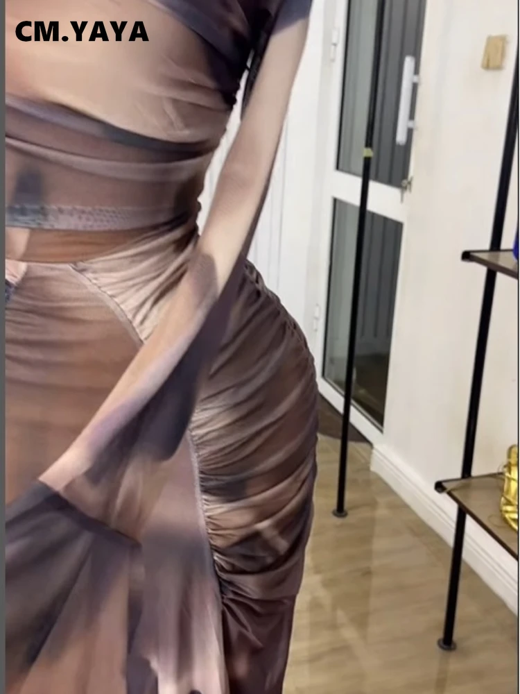 CM.YAYA Women Tie Dye Printed Skew Neck Flare Long Sleeve Ruched Stacked Maxi Long Dress 2025 Summer Birthday Sexy Party Dresses