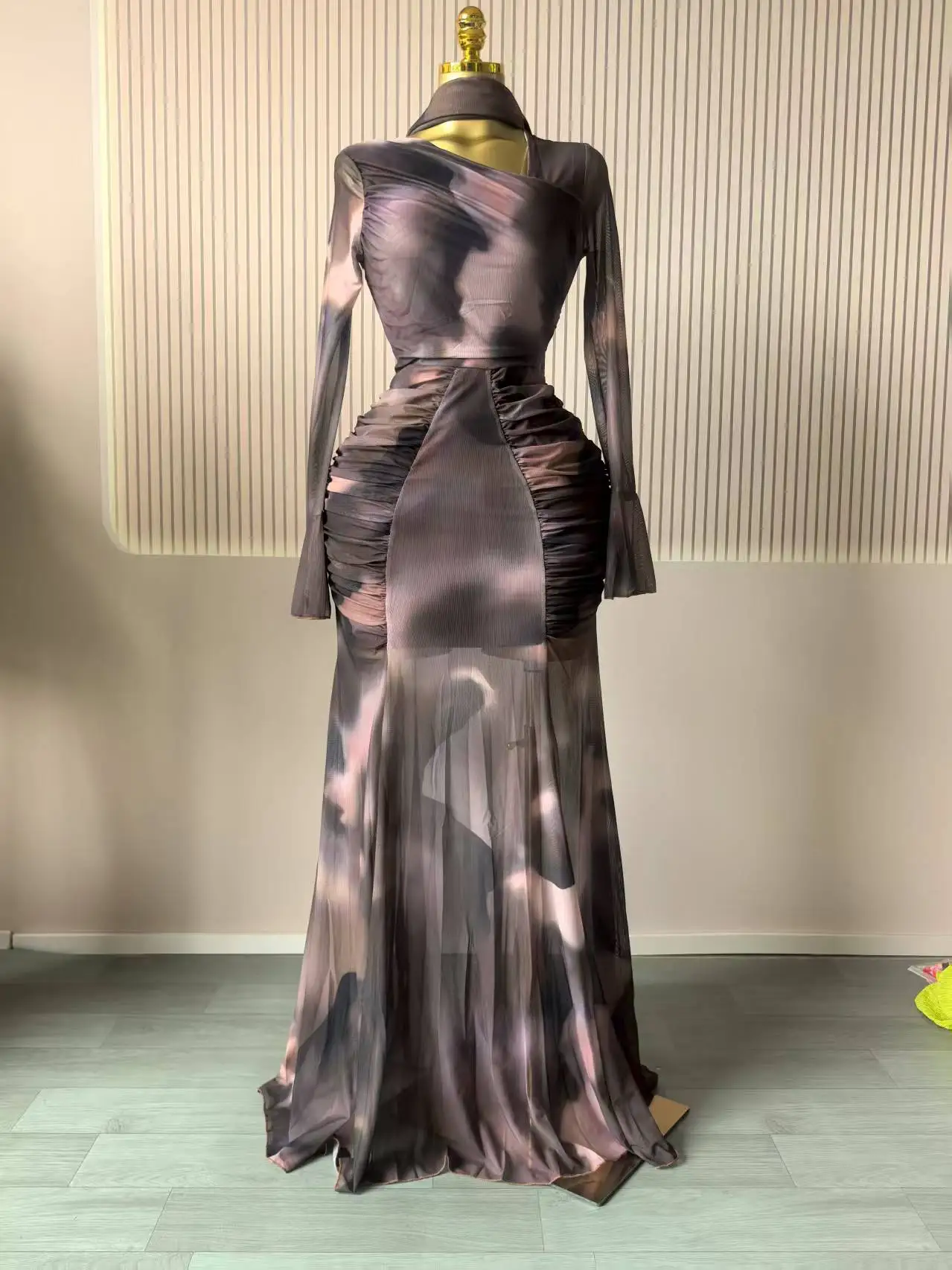 CM.YAYA Women Tie Dye Printed Skew Neck Flare Long Sleeve Ruched Stacked Maxi Long Dress 2025 Summer Birthday Sexy Party Dresses