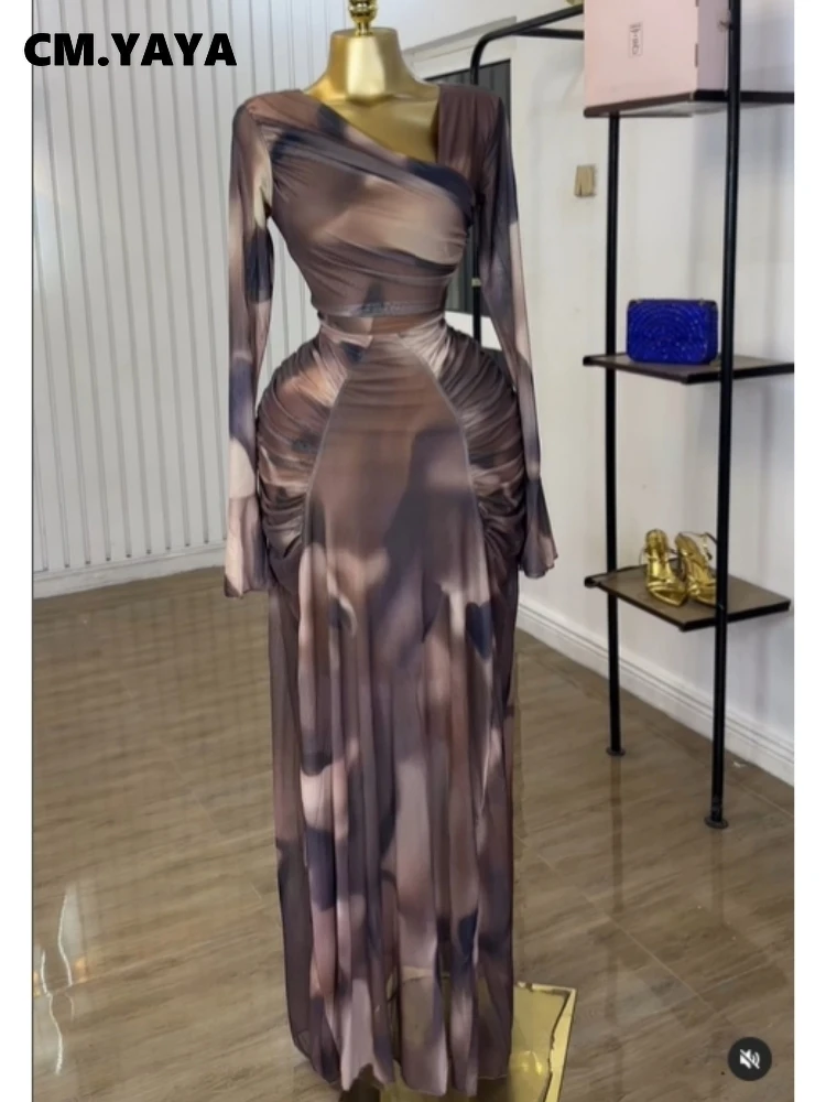CM.YAYA Women Tie Dye Printed Skew Neck Flare Long Sleeve Ruched Stacked Maxi Long Dress 2025 Summer Birthday Sexy Party Dresses