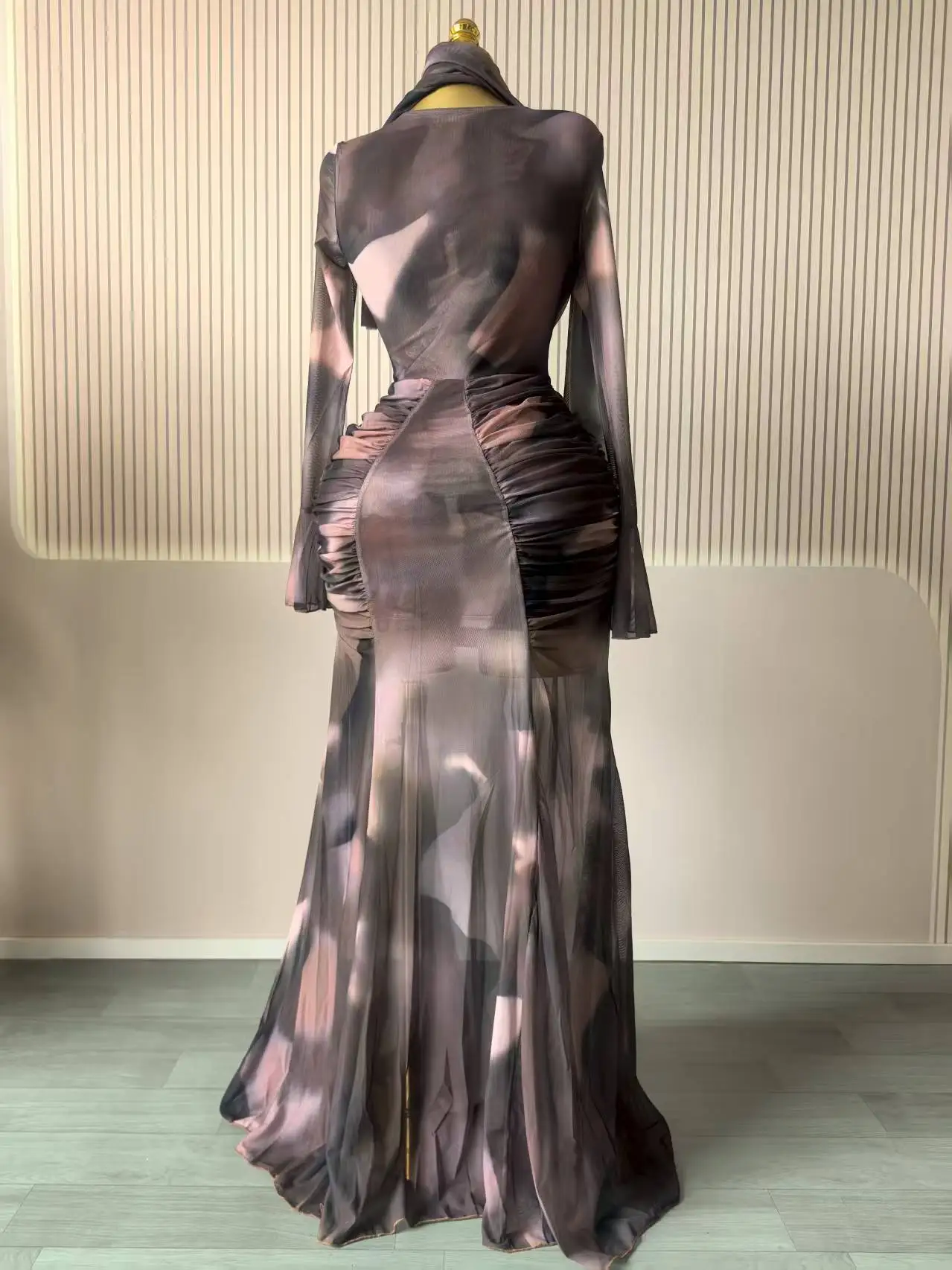 CM.YAYA Women Tie Dye Printed Skew Neck Flare Long Sleeve Ruched Stacked Maxi Long Dress 2025 Summer Birthday Sexy Party Dresses