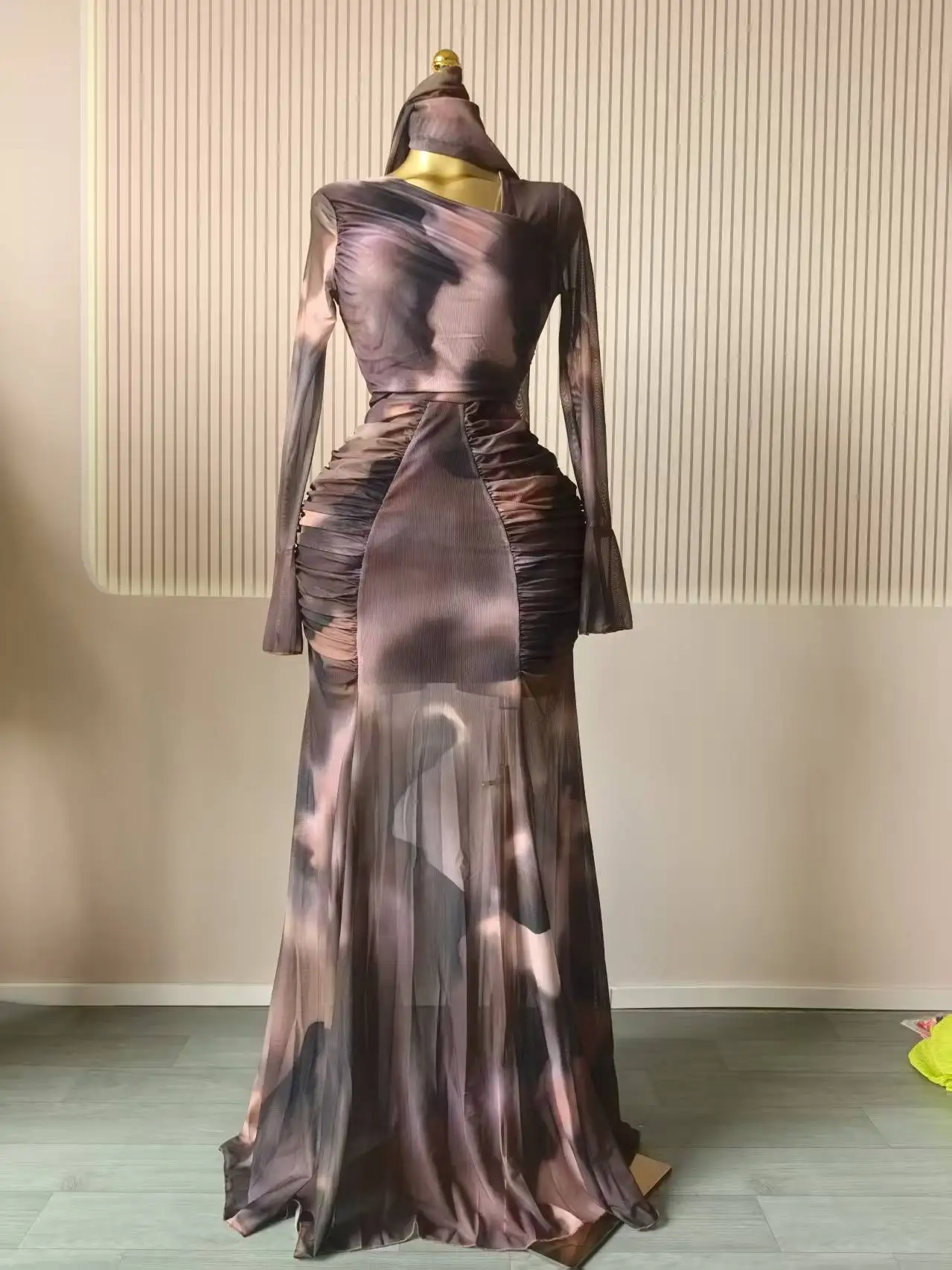 CM.YAYA Women Tie Dye Printed Skew Neck Flare Long Sleeve Ruched Stacked Maxi Long Dress 2025 Summer Birthday Sexy Party Dresses