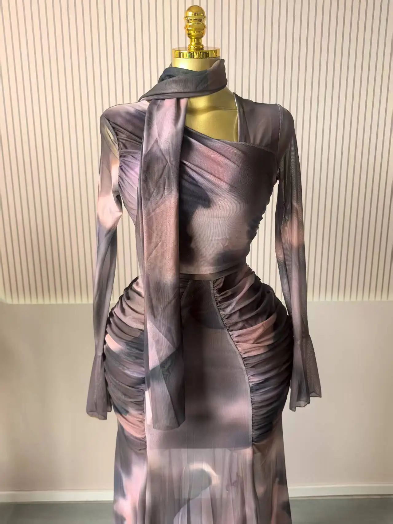 CM.YAYA Women Tie Dye Printed Skew Neck Flare Long Sleeve Ruched Stacked Maxi Long Dress 2025 Summer Birthday Sexy Party Dresses