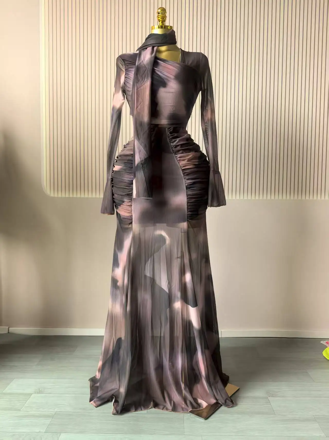 CM.YAYA Women Tie Dye Printed Skew Neck Flare Long Sleeve Ruched Stacked Maxi Long Dress 2025 Summer Birthday Sexy Party Dresses