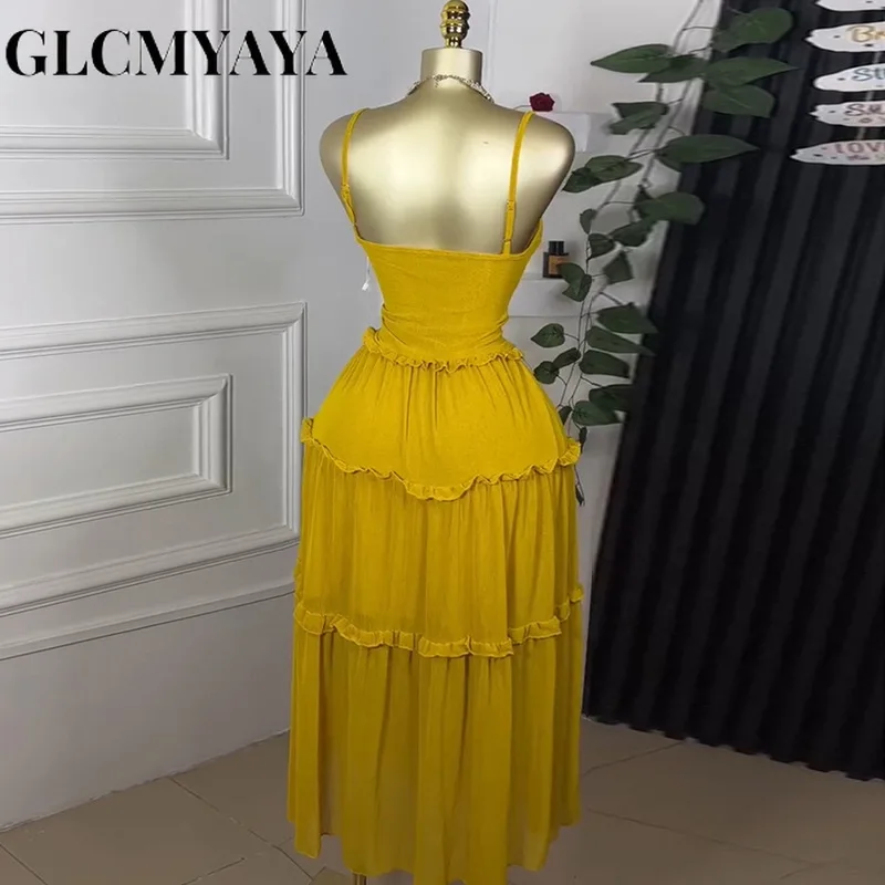 GLCMYAYA Women Strap Sleeveless Ruffles A-line Midi Maxi Long Dress 2025 Summer Beach Holiday Vacation Vestidos Dresses