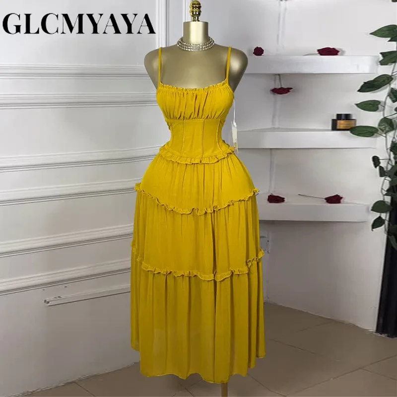 GLCMYAYA Women Strap Sleeveless Ruffles A-line Midi Maxi Long Dress 2025 Summer Beach Holiday Vacation Vestidos Dresses