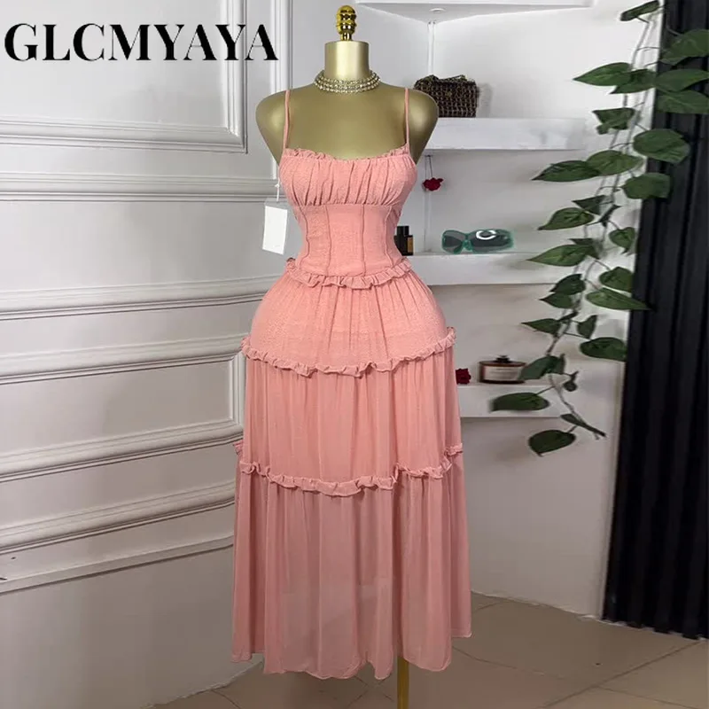 GLCMYAYA Women Strap Sleeveless Ruffles A-line Midi Maxi Long Dress 2025 Summer Beach Holiday Vacation Vestidos Dresses