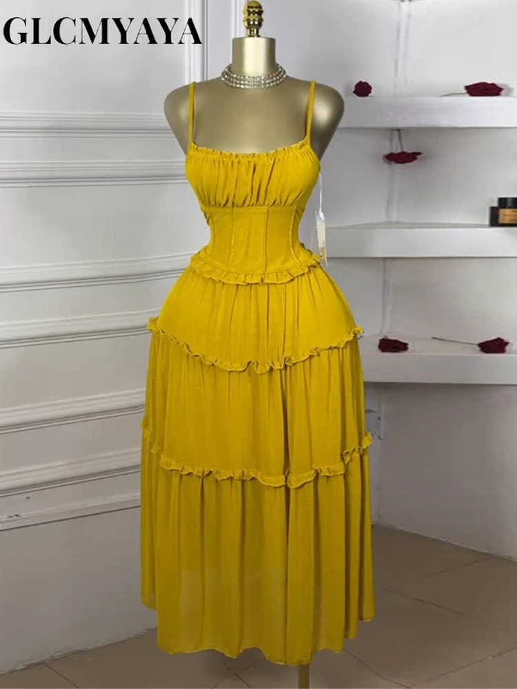GLCMYAYA Women Strap Sleeveless Ruffles A-line Midi Maxi Long Dress 2025 Summer Beach Holiday Vacation Vestidos Dresses
