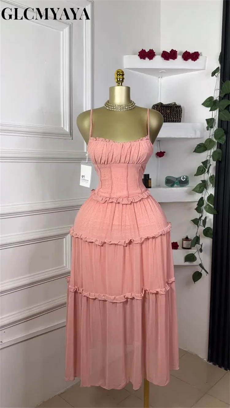 GLCMYAYA Women Strap Sleeveless Ruffles A-line Midi Maxi Long Dress 2025 Summer Beach Holiday Vacation Vestidos Dresses