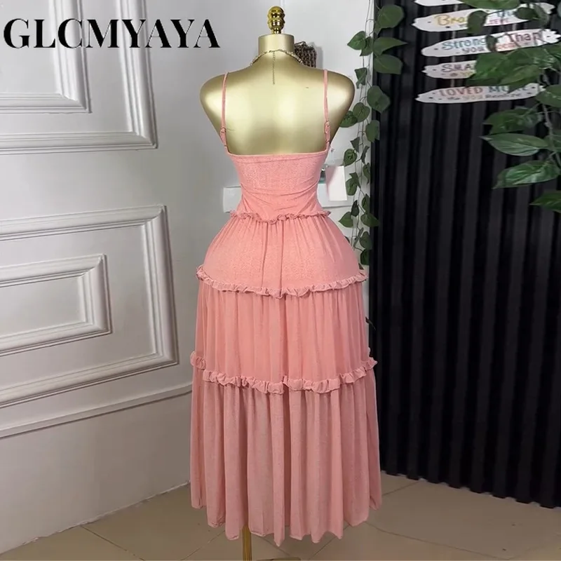 GLCMYAYA Women Strap Sleeveless Ruffles A-line Midi Maxi Long Dress 2025 Summer Beach Holiday Vacation Vestidos Dresses
