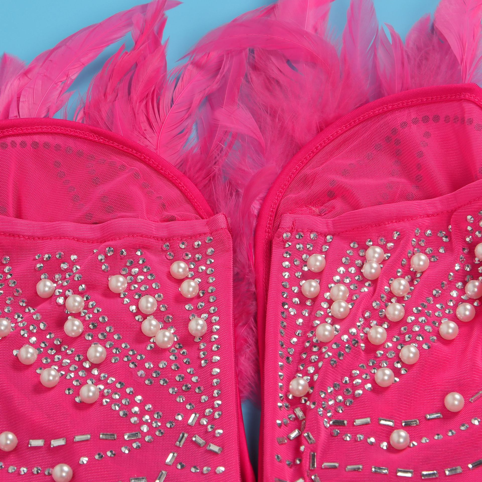 CM.YAYA Women Diamonds Hot Rhinestones Feather Mesh Strapless Plunging V-neck Bodycon Midi Dress 2023 Sexy Party Evening Dresses