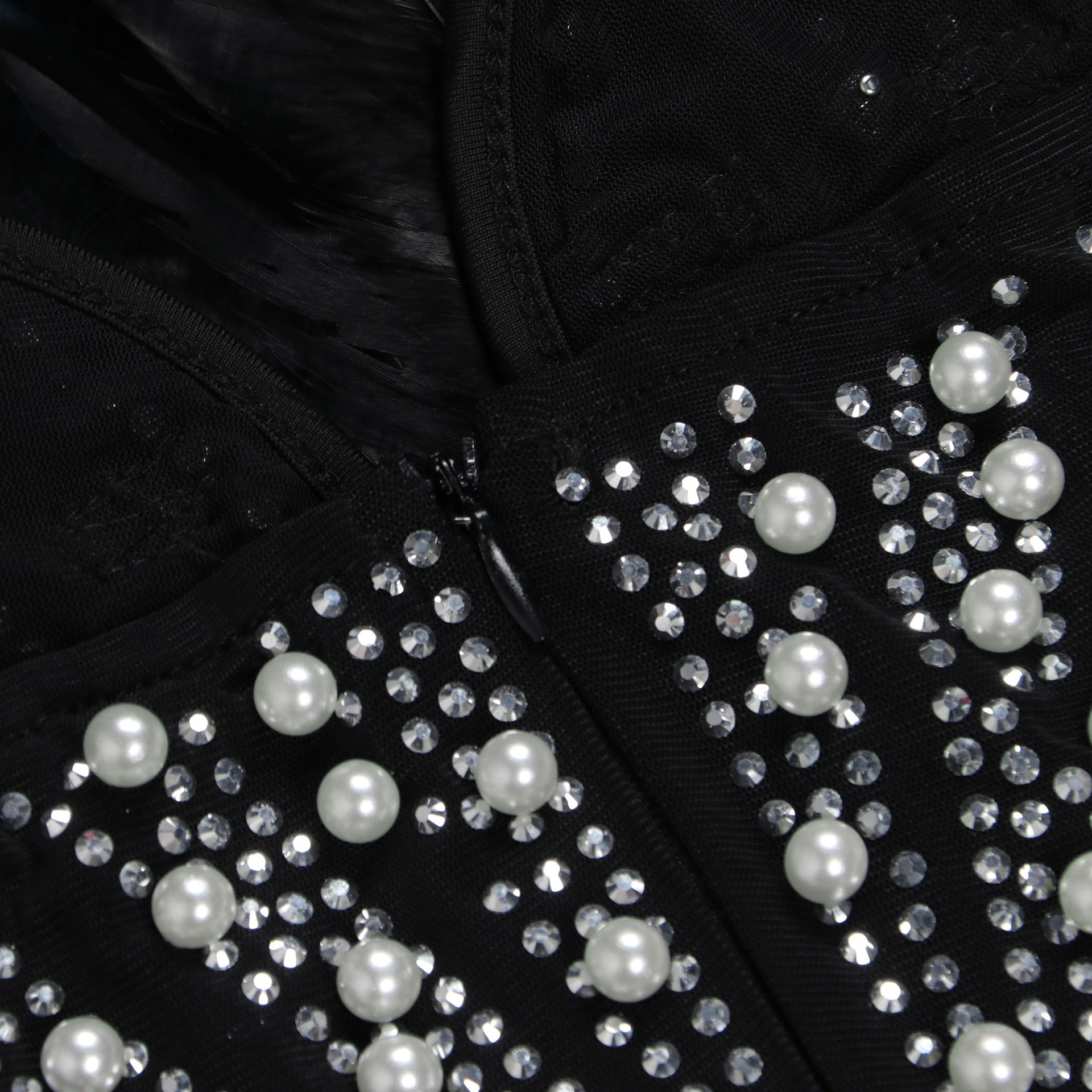 CM.YAYA Women Diamonds Hot Rhinestones Feather Mesh Strapless Plunging V-neck Bodycon Midi Dress 2023 Sexy Party Evening Dresses