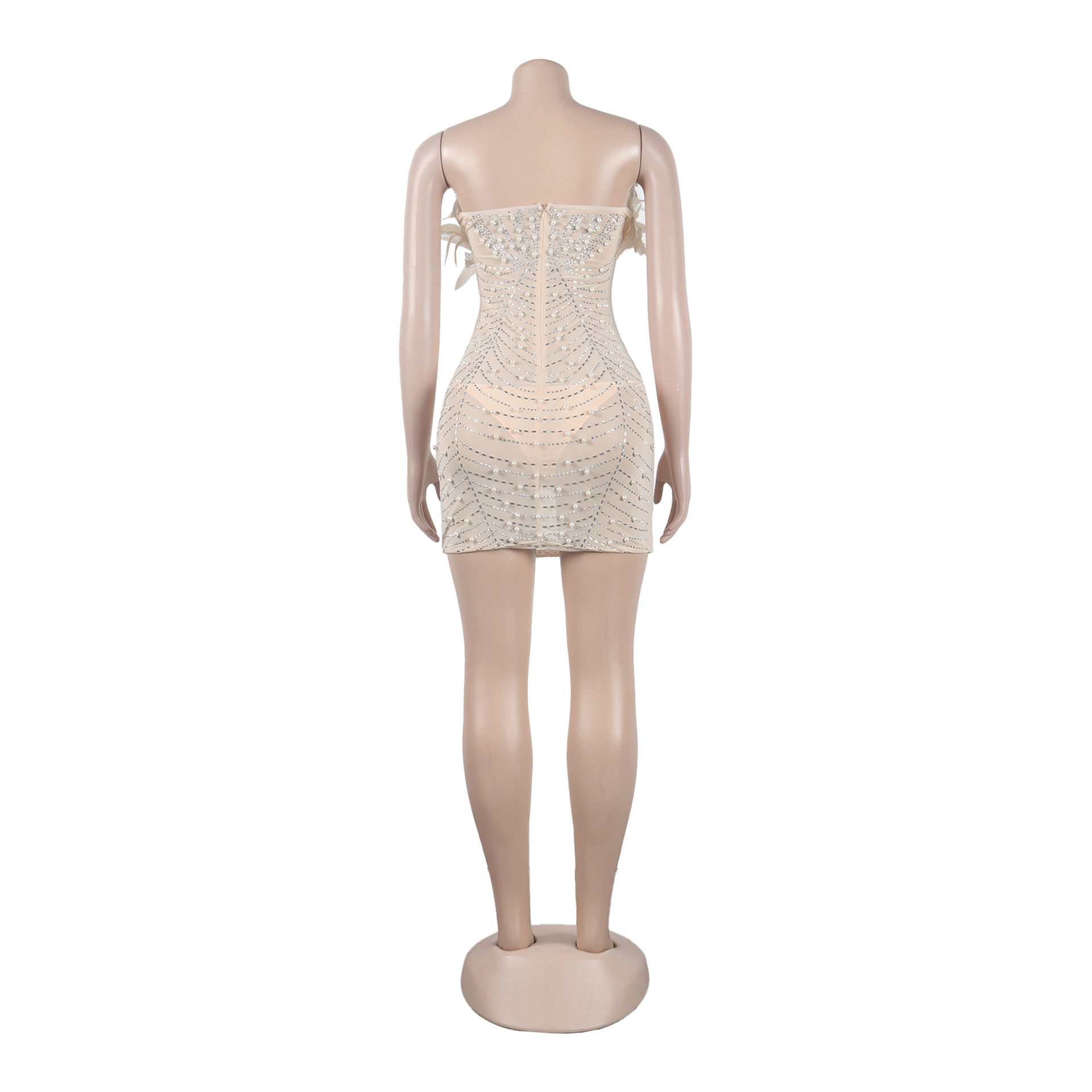 CM.YAYA Women Diamonds Hot Rhinestones Feather Mesh Strapless Plunging V-neck Bodycon Midi Dress 2023 Sexy Party Evening Dresses