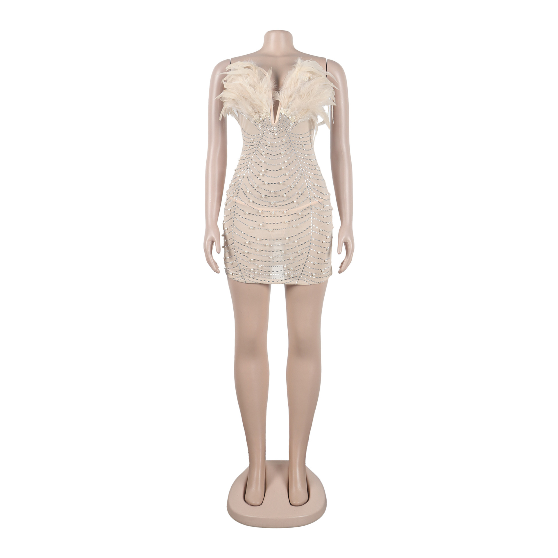 CM.YAYA Women Diamonds Hot Rhinestones Feather Mesh Strapless Plunging V-neck Bodycon Midi Dress 2023 Sexy Party Evening Dresses