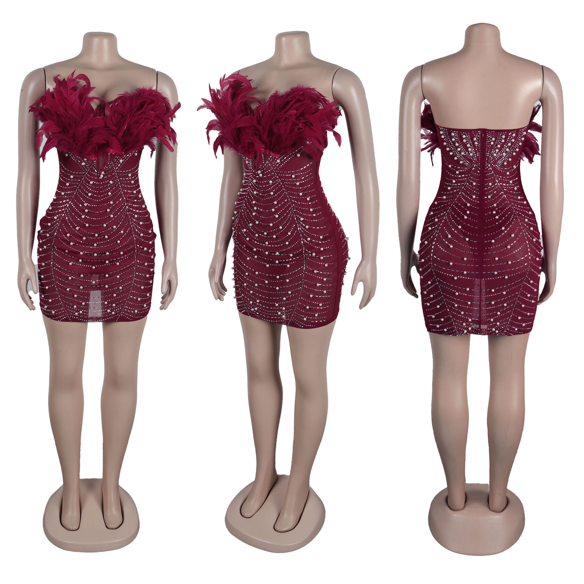 CM.YAYA Women Diamonds Hot Rhinestones Feather Mesh Strapless Plunging V-neck Bodycon Midi Dress 2023 Sexy Party Evening Dresses