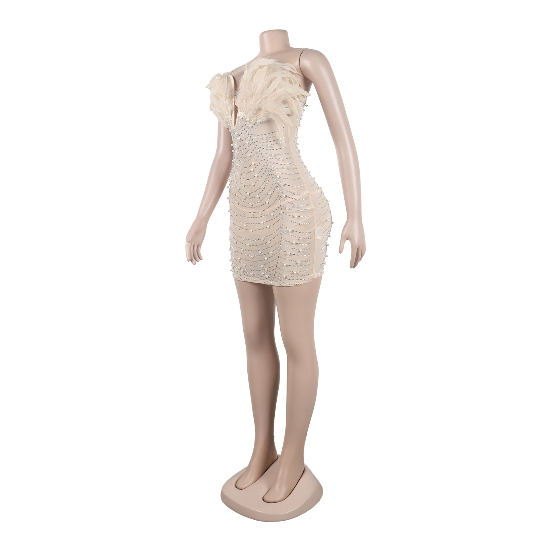 CM.YAYA Women Diamonds Hot Rhinestones Feather Mesh Strapless Plunging V-neck Bodycon Midi Dress 2023 Sexy Party Evening Dresses