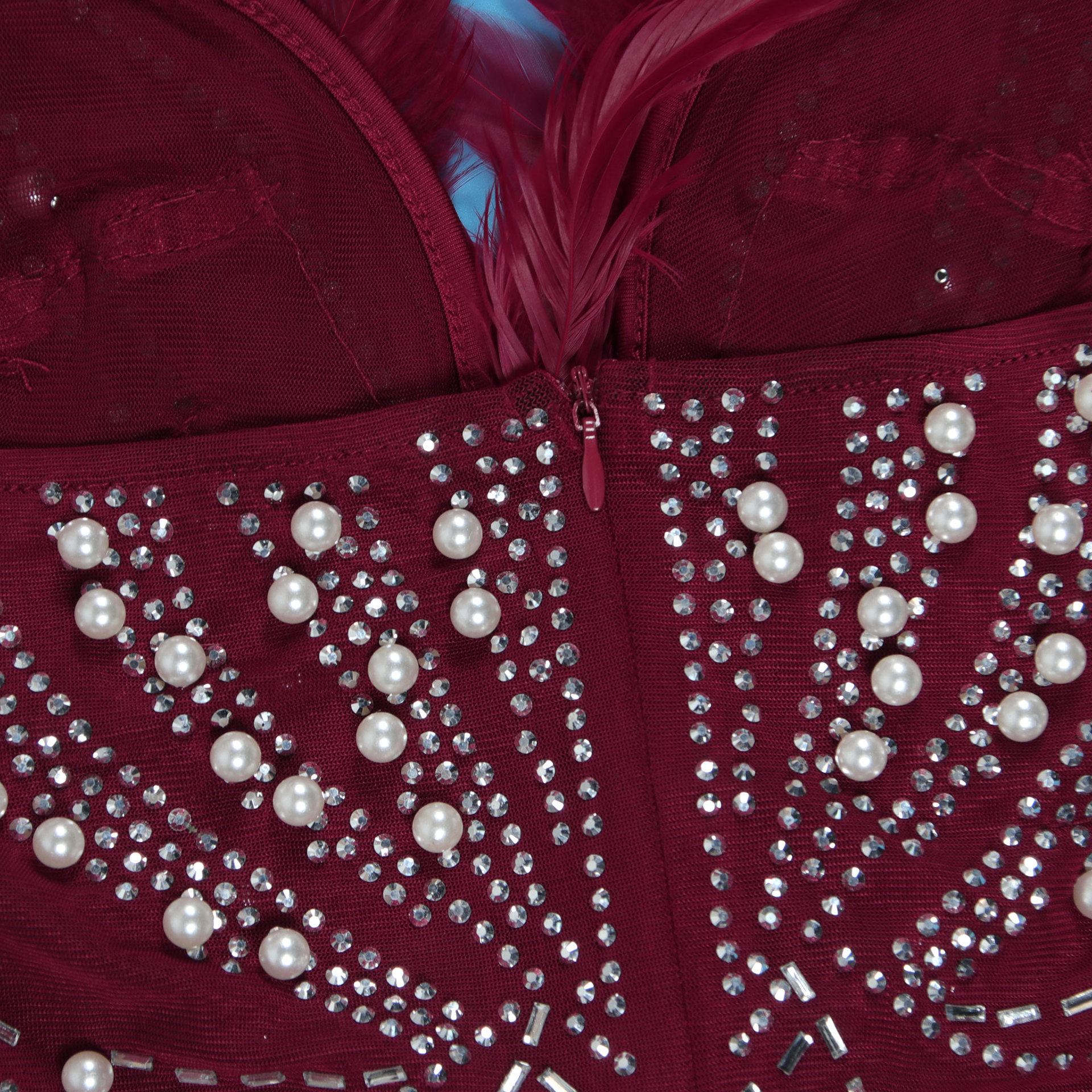 CM.YAYA Women Diamonds Hot Rhinestones Feather Mesh Strapless Plunging V-neck Bodycon Midi Dress 2023 Sexy Party Evening Dresses