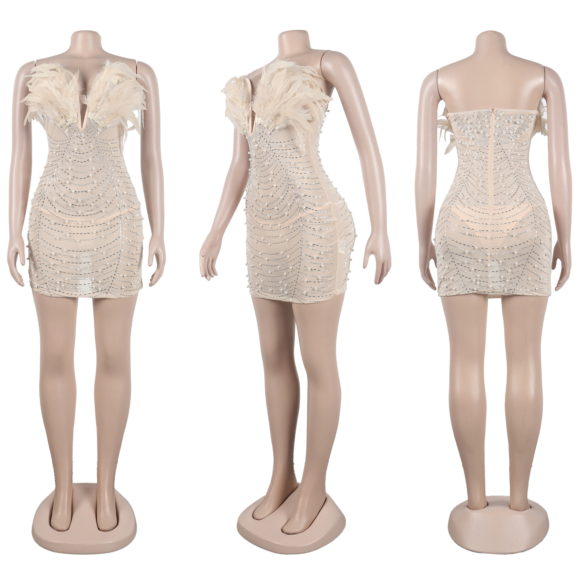 CM.YAYA Women Diamonds Hot Rhinestones Feather Mesh Strapless Plunging V-neck Bodycon Midi Dress 2023 Sexy Party Evening Dresses