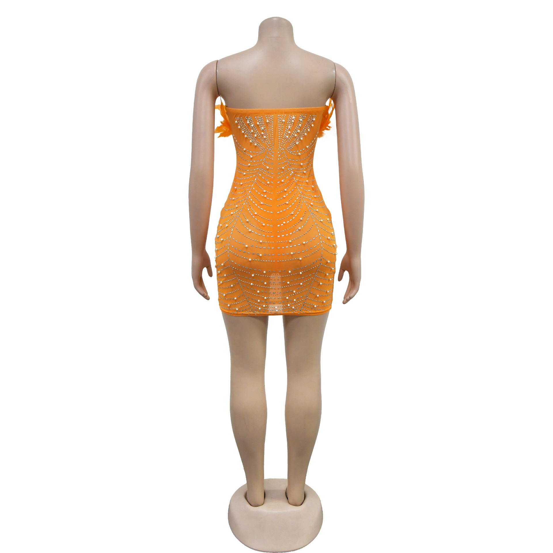 CM.YAYA Women Diamonds Hot Rhinestones Feather Mesh Strapless Plunging V-neck Bodycon Midi Dress 2023 Sexy Party Evening Dresses