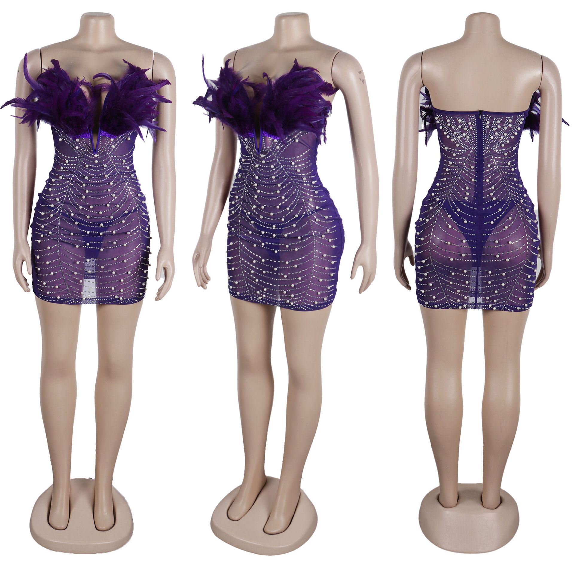 CM.YAYA Women Diamonds Hot Rhinestones Feather Mesh Strapless Plunging V-neck Bodycon Midi Dress 2023 Sexy Party Evening Dresses