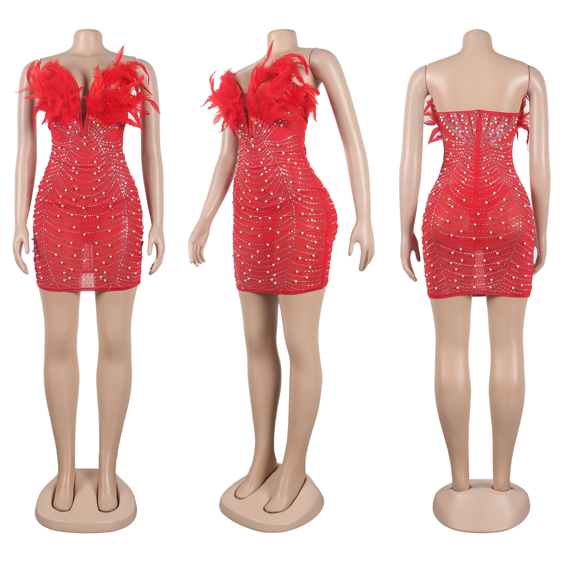 CM.YAYA Women Diamonds Hot Rhinestones Feather Mesh Strapless Plunging V-neck Bodycon Midi Dress 2023 Sexy Party Evening Dresses