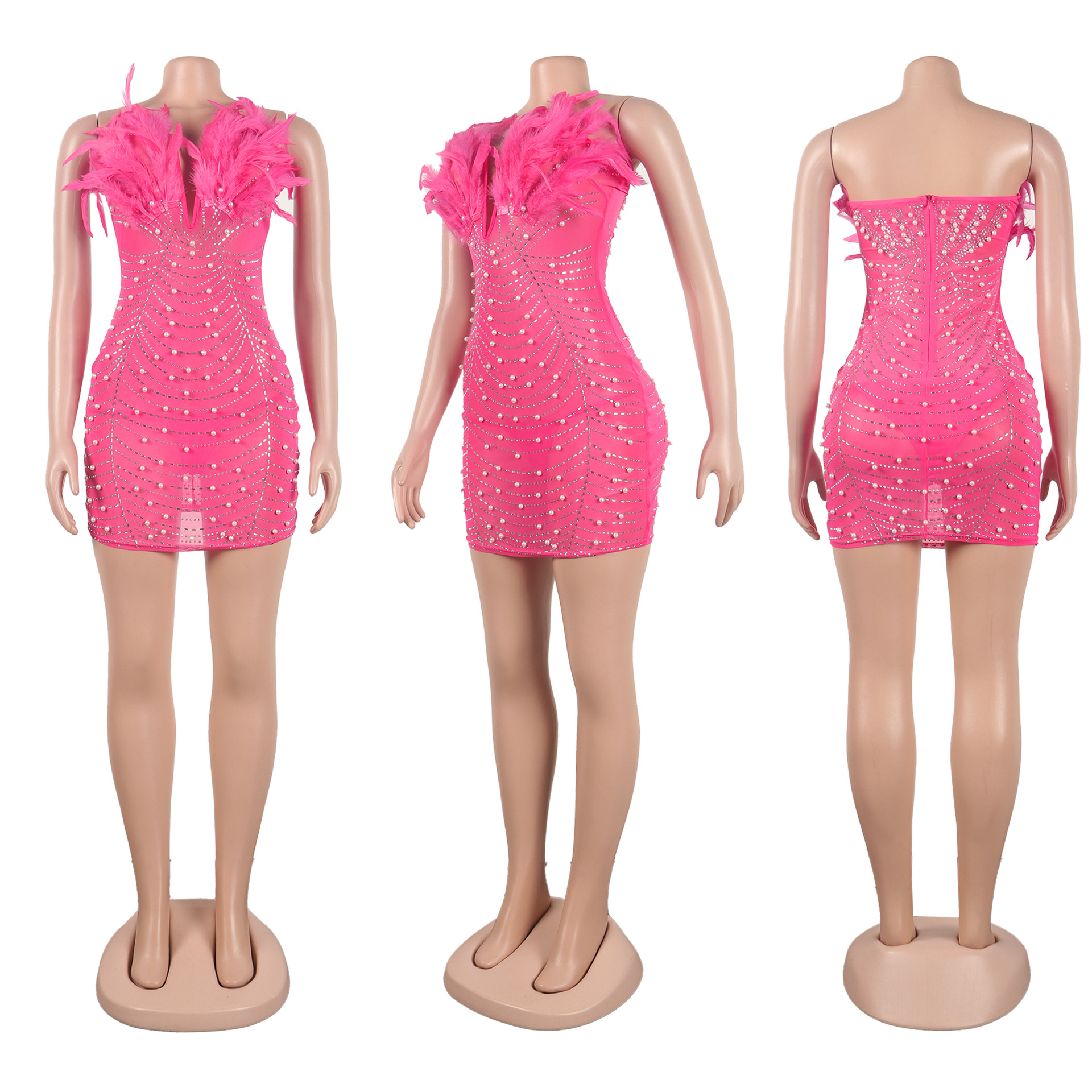 CM.YAYA Women Diamonds Hot Rhinestones Feather Mesh Strapless Plunging V-neck Bodycon Midi Dress 2023 Sexy Party Evening Dresses