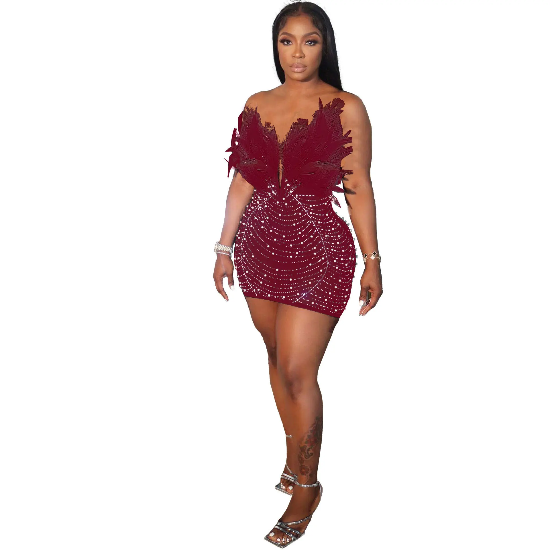 CM.YAYA Women Diamonds Hot Rhinestones Feather Mesh Strapless Plunging V-neck Bodycon Midi Dress 2023 Sexy Party Evening Dresses