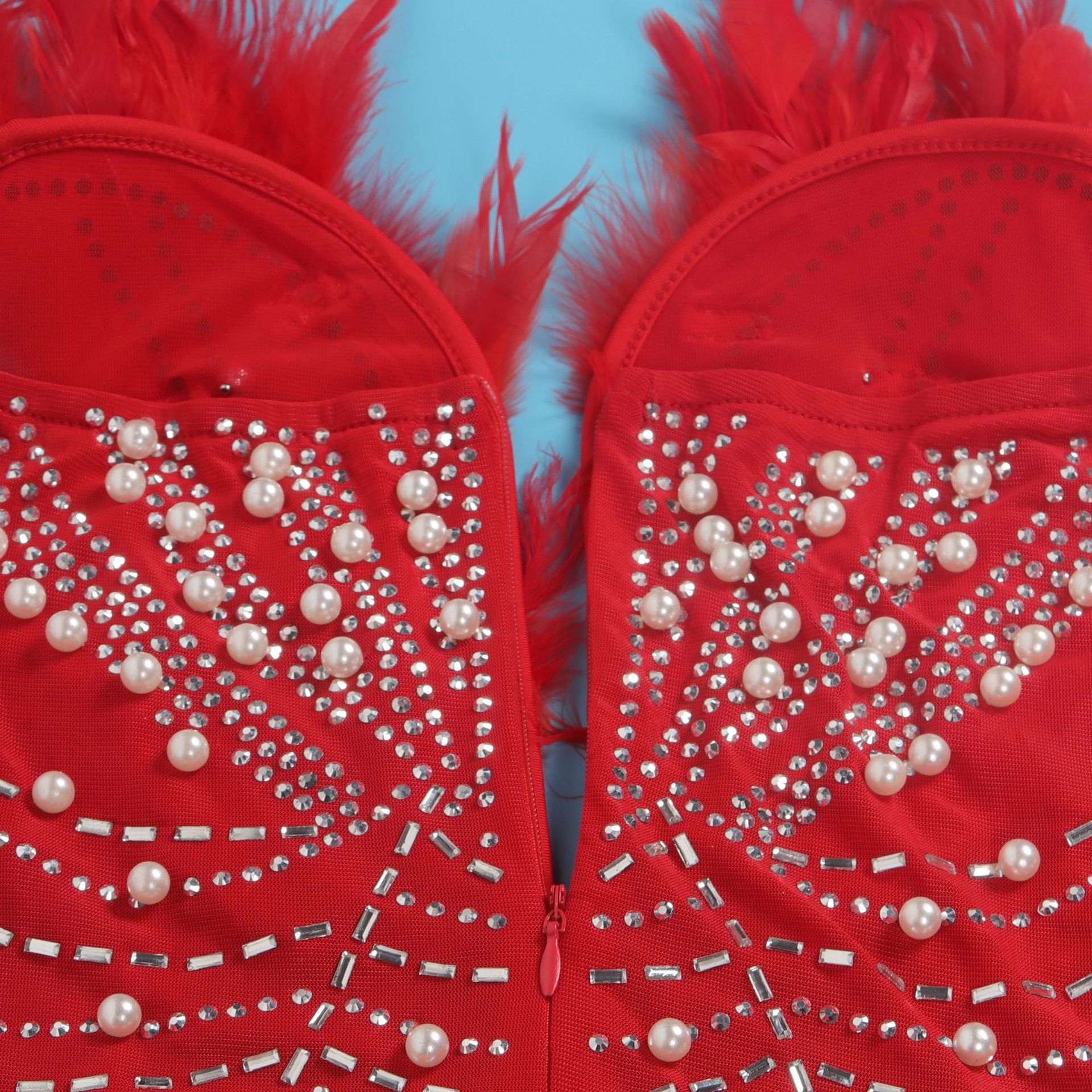 CM.YAYA Women Diamonds Hot Rhinestones Feather Mesh Strapless Plunging V-neck Bodycon Midi Dress 2023 Sexy Party Evening Dresses