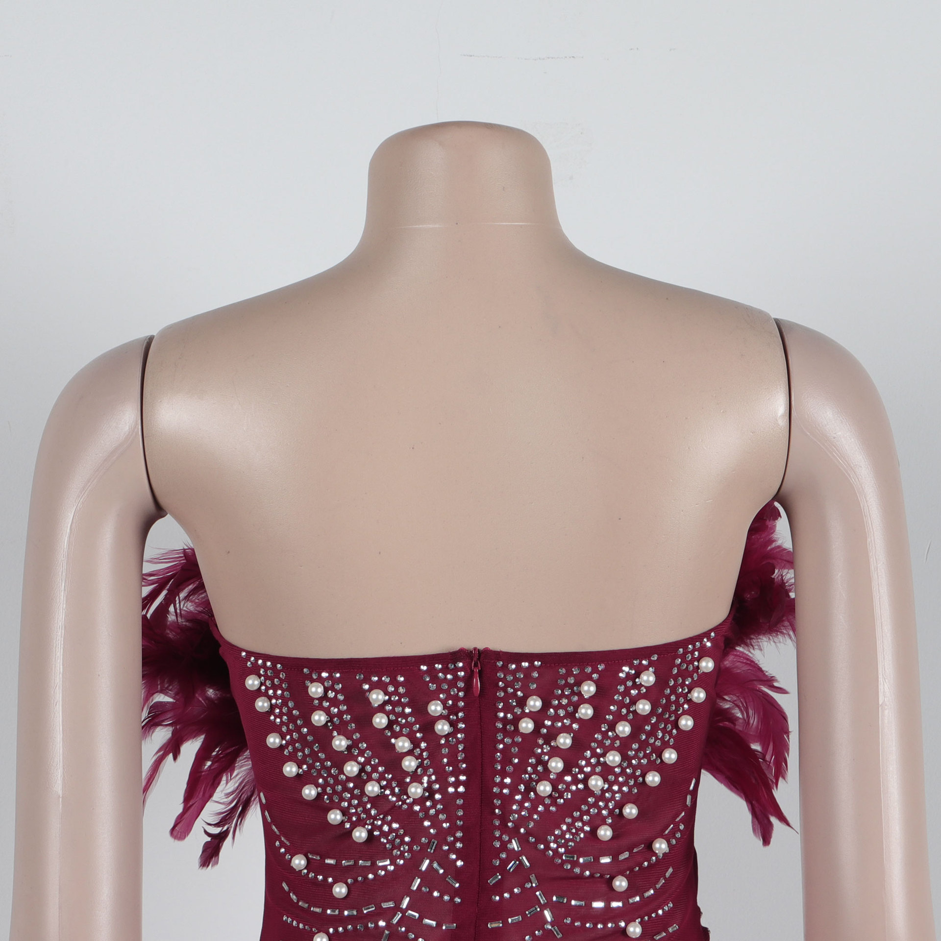 CM.YAYA Women Diamonds Hot Rhinestones Feather Mesh Strapless Plunging V-neck Bodycon Midi Dress 2023 Sexy Party Evening Dresses