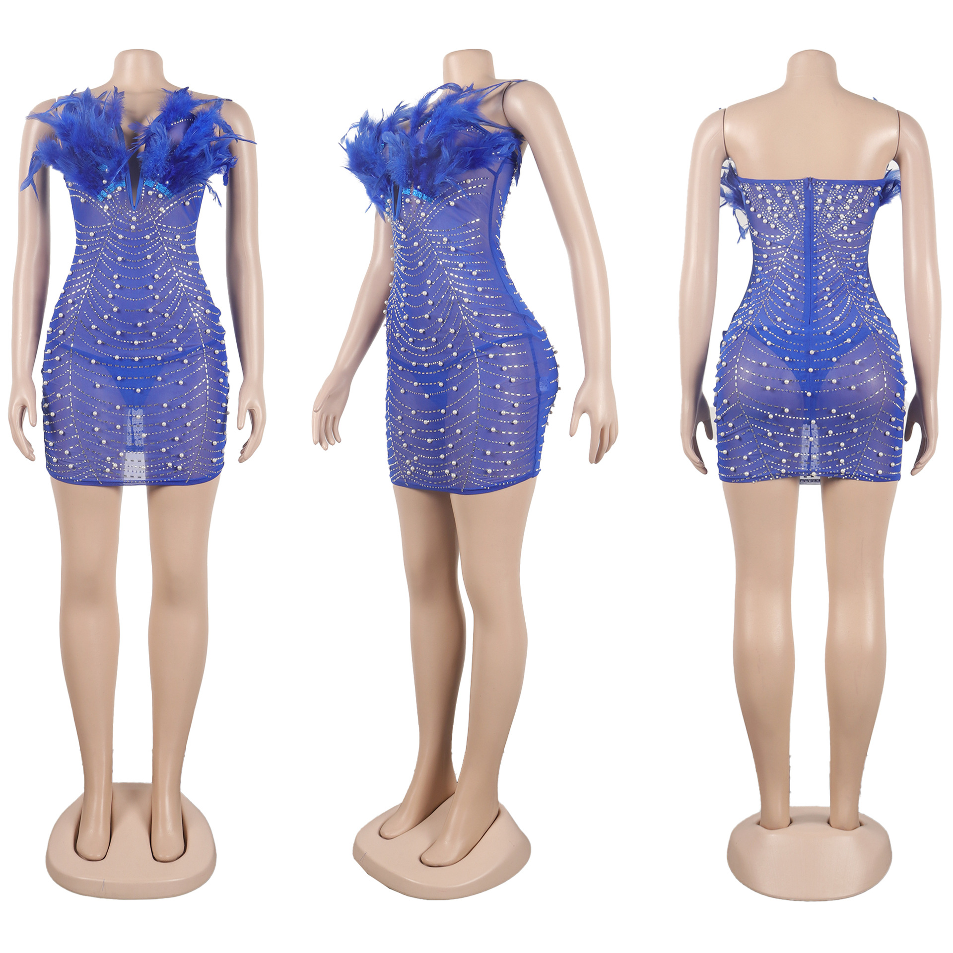 CM.YAYA Women Diamonds Hot Rhinestones Feather Mesh Strapless Plunging V-neck Bodycon Midi Dress 2023 Sexy Party Evening Dresses