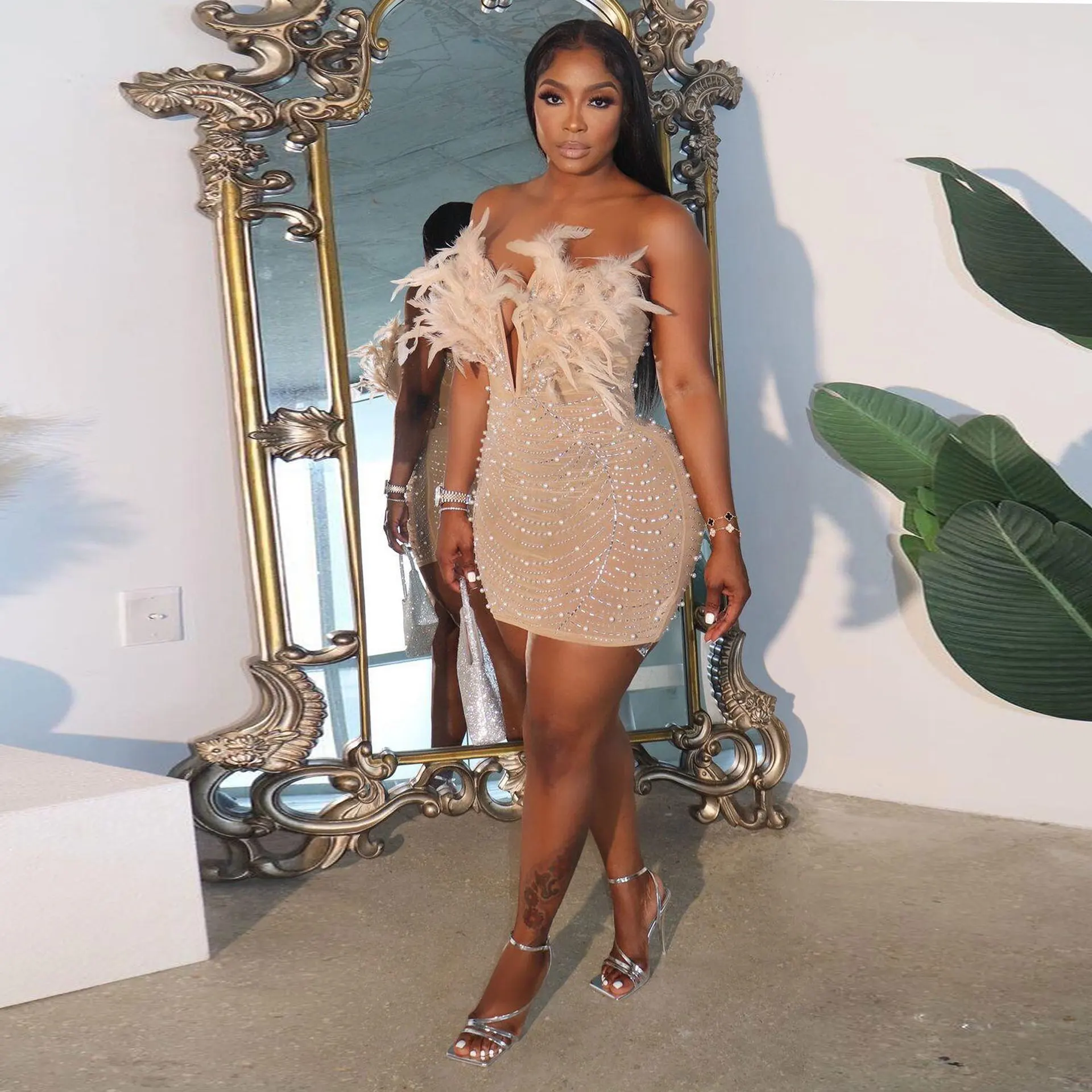 CM.YAYA Women Diamonds Hot Rhinestones Feather Mesh Strapless Plunging V-neck Bodycon Midi Dress 2023 Sexy Party Evening Dresses