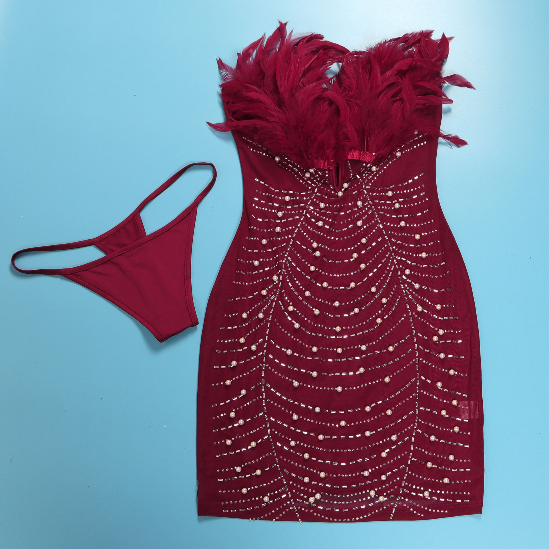 CM.YAYA Women Diamonds Hot Rhinestones Feather Mesh Strapless Plunging V-neck Bodycon Midi Dress 2023 Sexy Party Evening Dresses