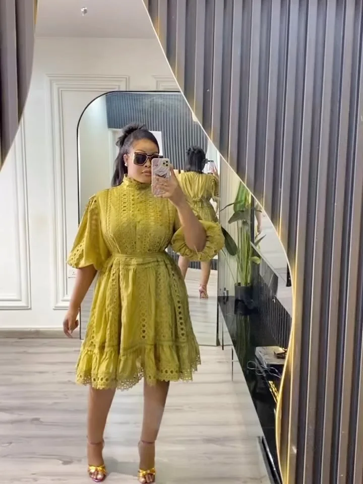 CM.YAYA Women Lantern Half Sleeve Embriodery Patchwork Button Up A-line Dress 2025 Birthday Vacation Sexy Party Elegant Dresses CM.YAYA Women Lantern Half Sleeve Embriodery Patchwork Button Up A-line Dress 2025 Birthday Vacation Sexy Party Elegant Dresses