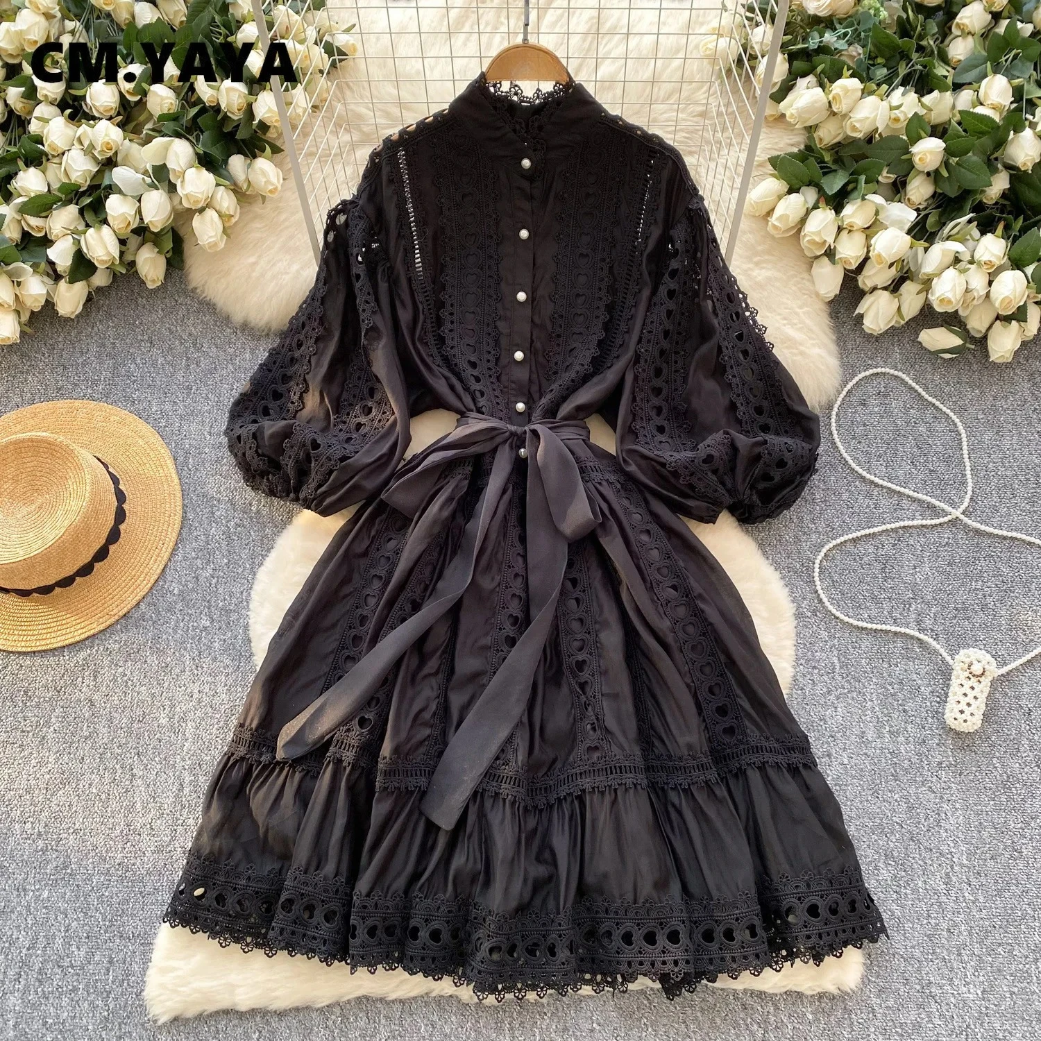 CM.YAYA Women Lantern Half Sleeve Embriodery Patchwork Button Up A-line Dress 2025 Birthday Vacation Sexy Party Elegant Dresses CM.YAYA Women Lantern Half Sleeve Embriodery Patchwork Button Up A-line Dress 2025 Birthday Vacation Sexy Party Elegant Dresses