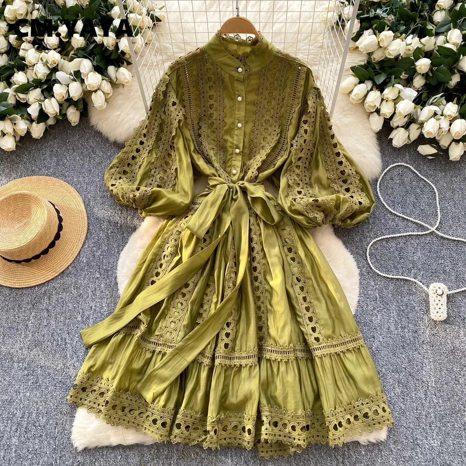 CM.YAYA Women Lantern Half Sleeve Embriodery Patchwork Button Up A-line Dress 2025 Birthday Vacation Sexy Party Elegant Dresses