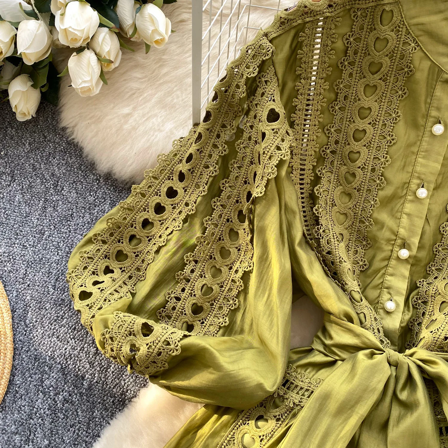 CM.YAYA Women Lantern Half Sleeve Embriodery Patchwork Button Up A-line Dress 2025 Birthday Vacation Sexy Party Elegant Dresses CM.YAYA Women Lantern Half Sleeve Embriodery Patchwork Button Up A-line Dress 2025 Birthday Vacation Sexy Party Elegant Dresses